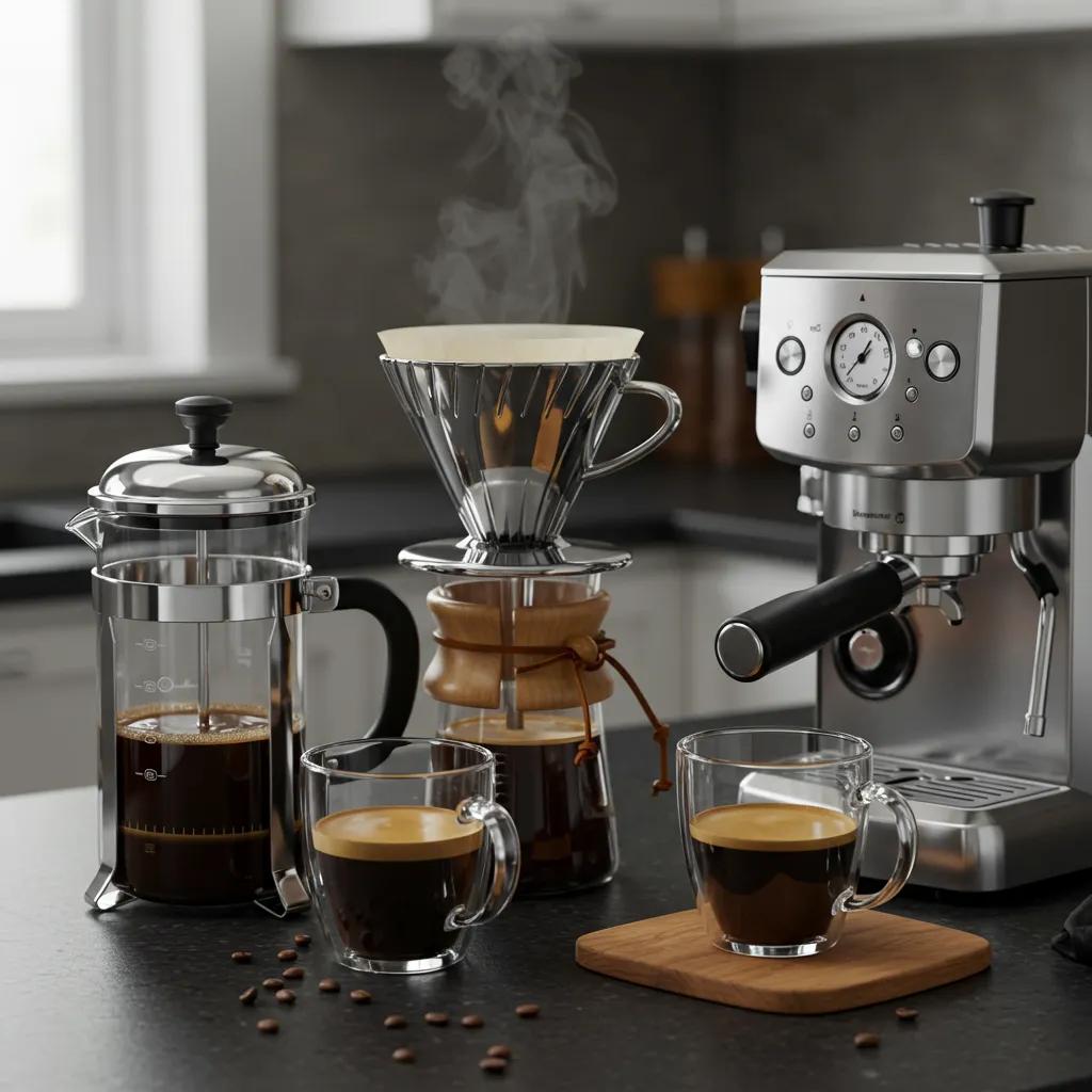 Various coffee brewing methods displayed on a kitchen counter, including French Press, Pour Over, and Espresso machine.