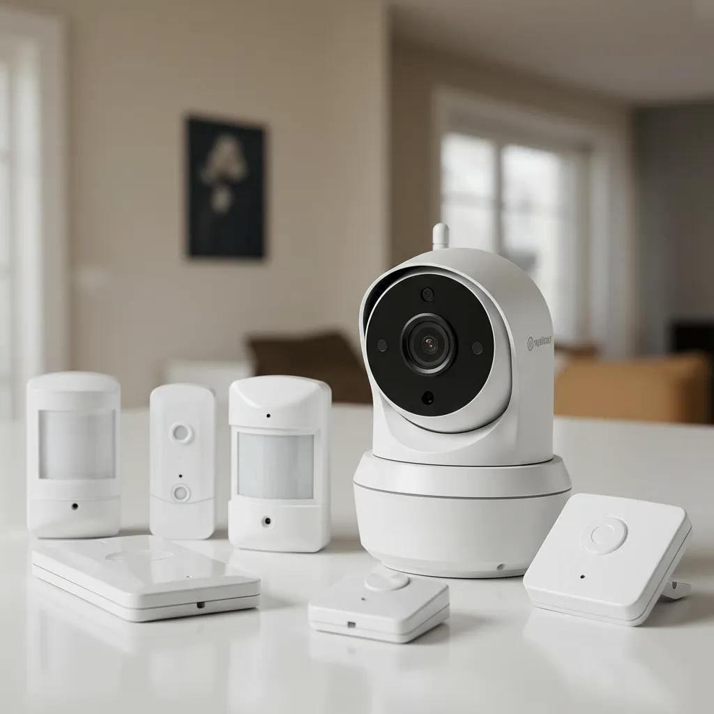 Various components of a home security system including cameras and sensors