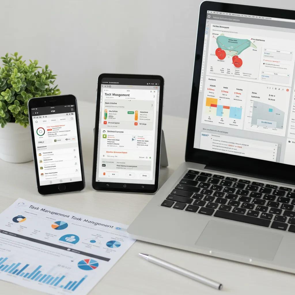 Various digital productivity tools on a desk, illustrating task and time management solutions
