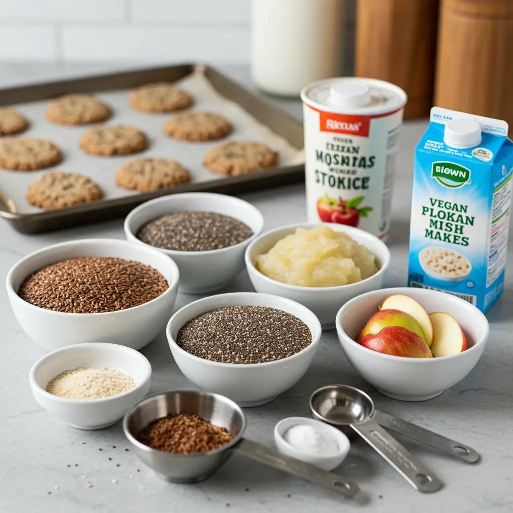 Vegan baking substitutes including flaxseeds, chia seeds, and applesauce on a kitchen counter with baked cookies