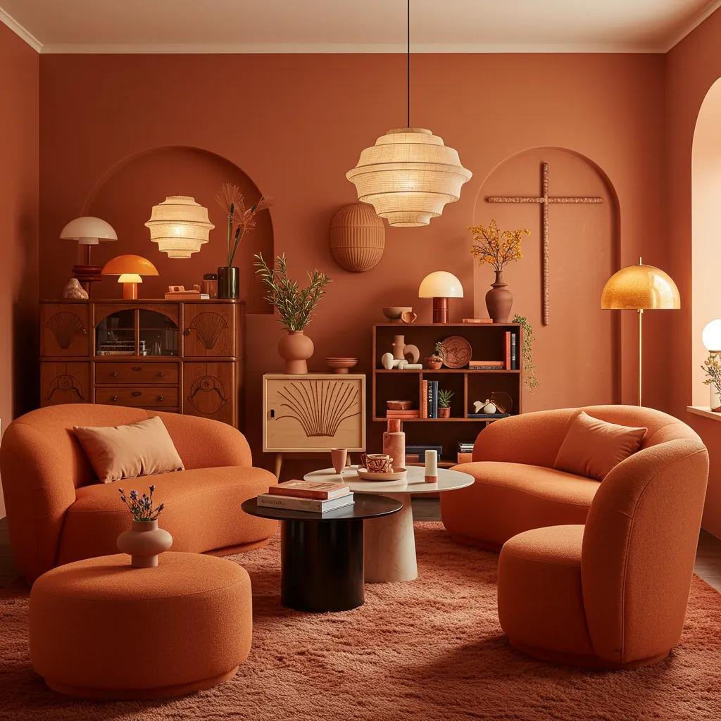 Vibrant interior showcasing trending design styles for 2025 with rounded furniture and warm tones