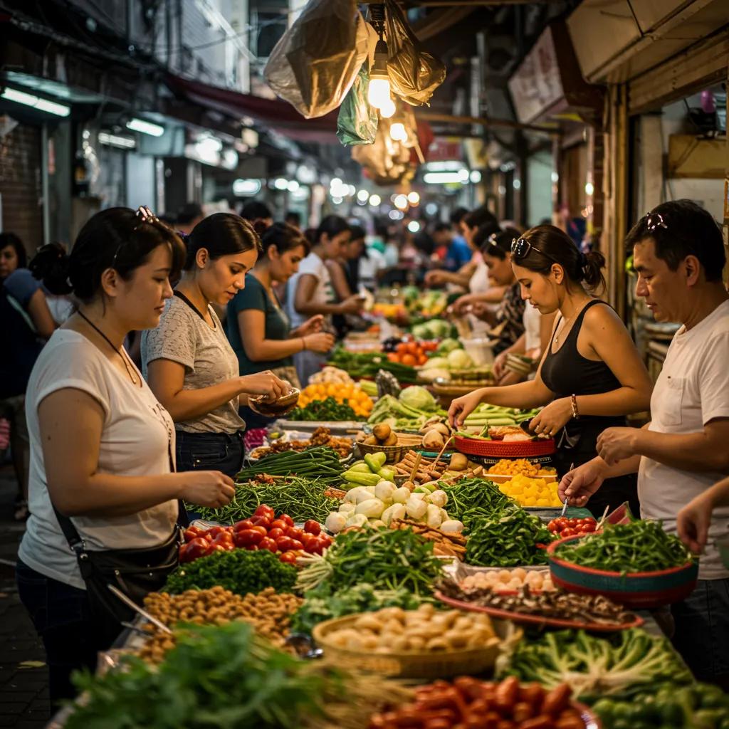 Vibrant local market scene with travelers enjoying affordable food options