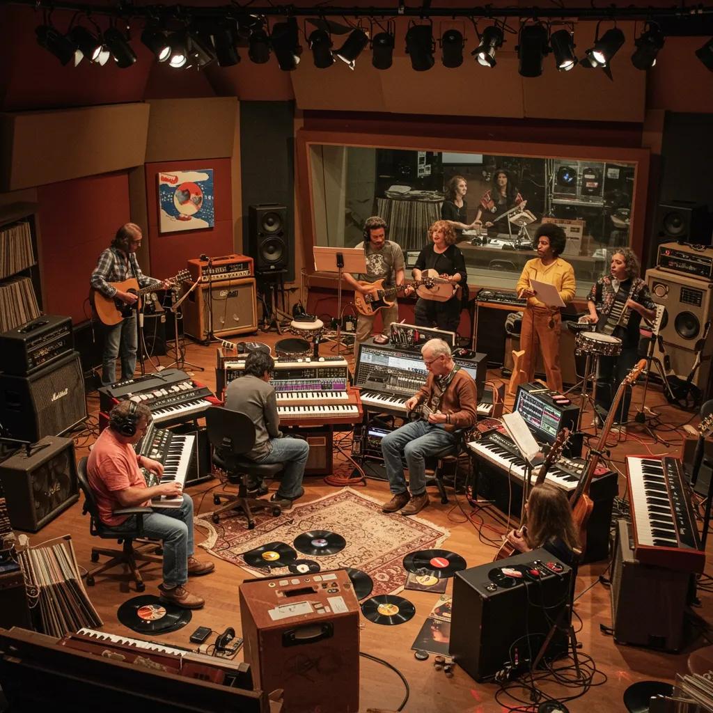Vibrant music studio scene with diverse musicians and instruments, representing the creative world of music icons