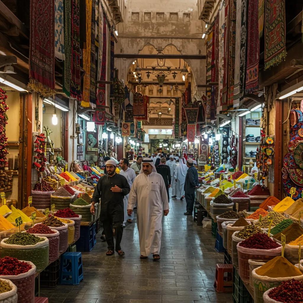 Vibrant scene at Souq Waqif with spices and textiles, showcasing the cultural richness of Doha