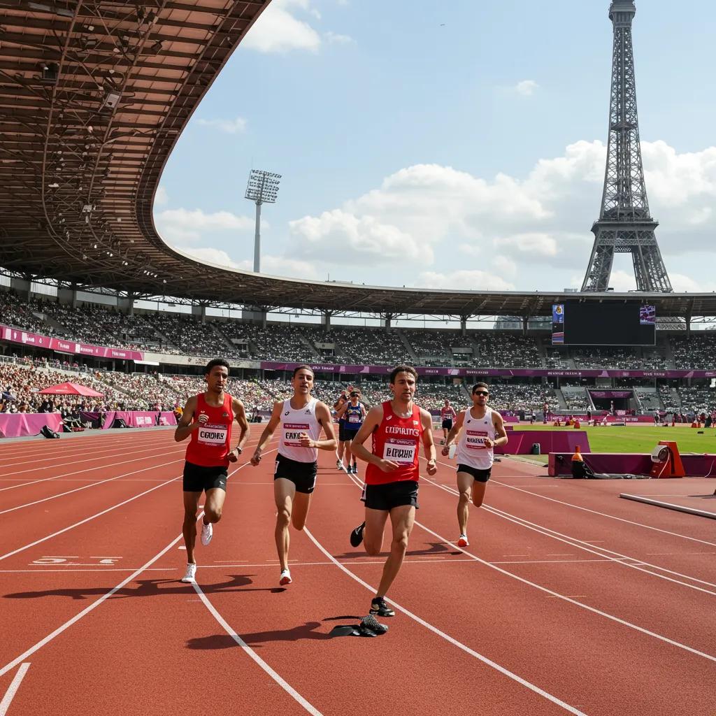 Vibrant summer scene of Paris 2024 Olympics with athletes in track and field events and the Eiffel Tower in the background