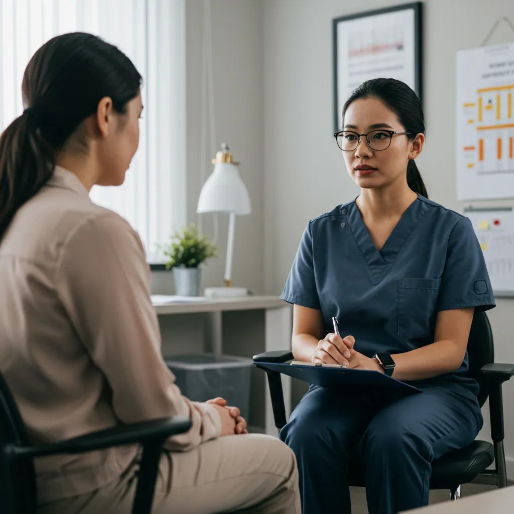 Victim support advocate assisting a survivor in a comforting environment