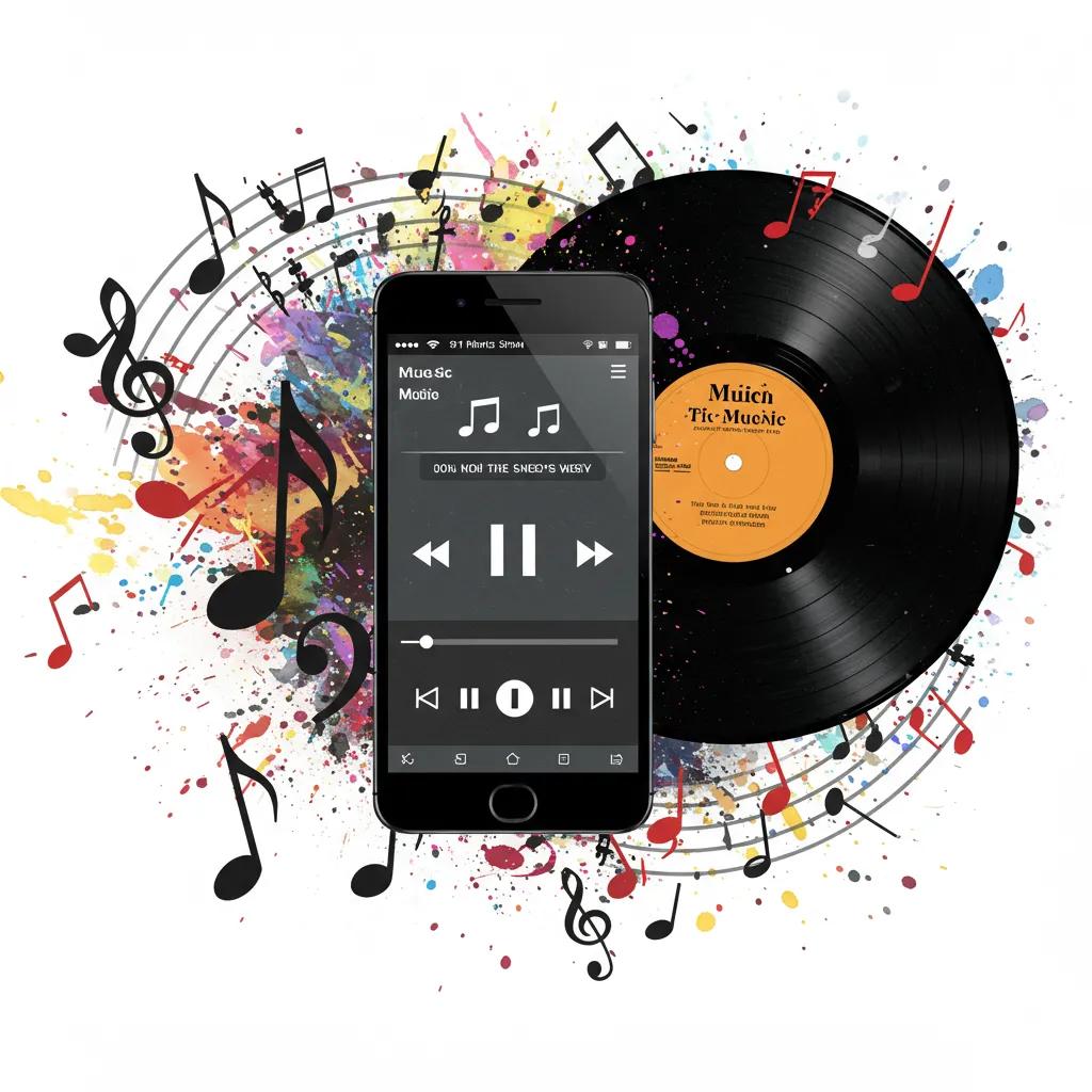 Vinyl record and smartphone displaying a music playlist, symbolizing new album releases and singles