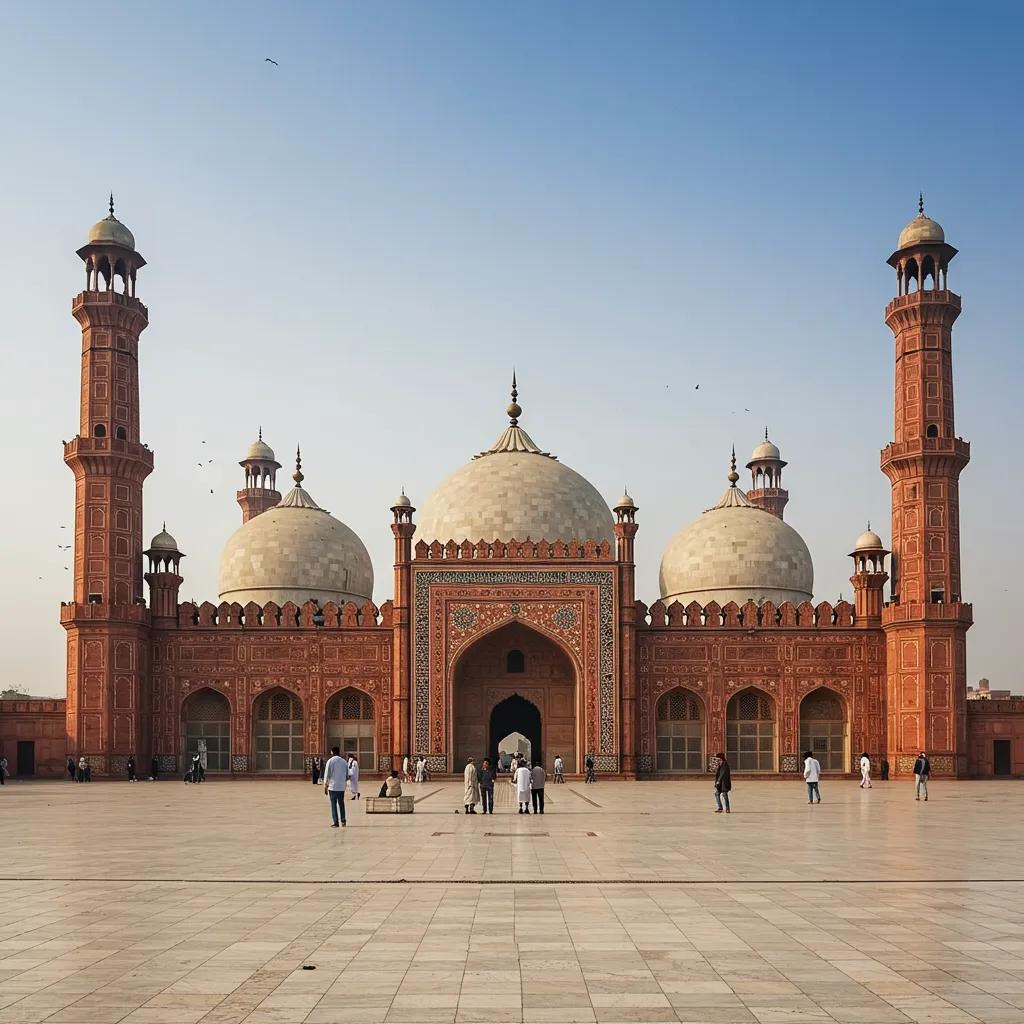 Visitors admiring the Badshahi Mosque in Lahore, showcasing Mughal architecture and cultural significance