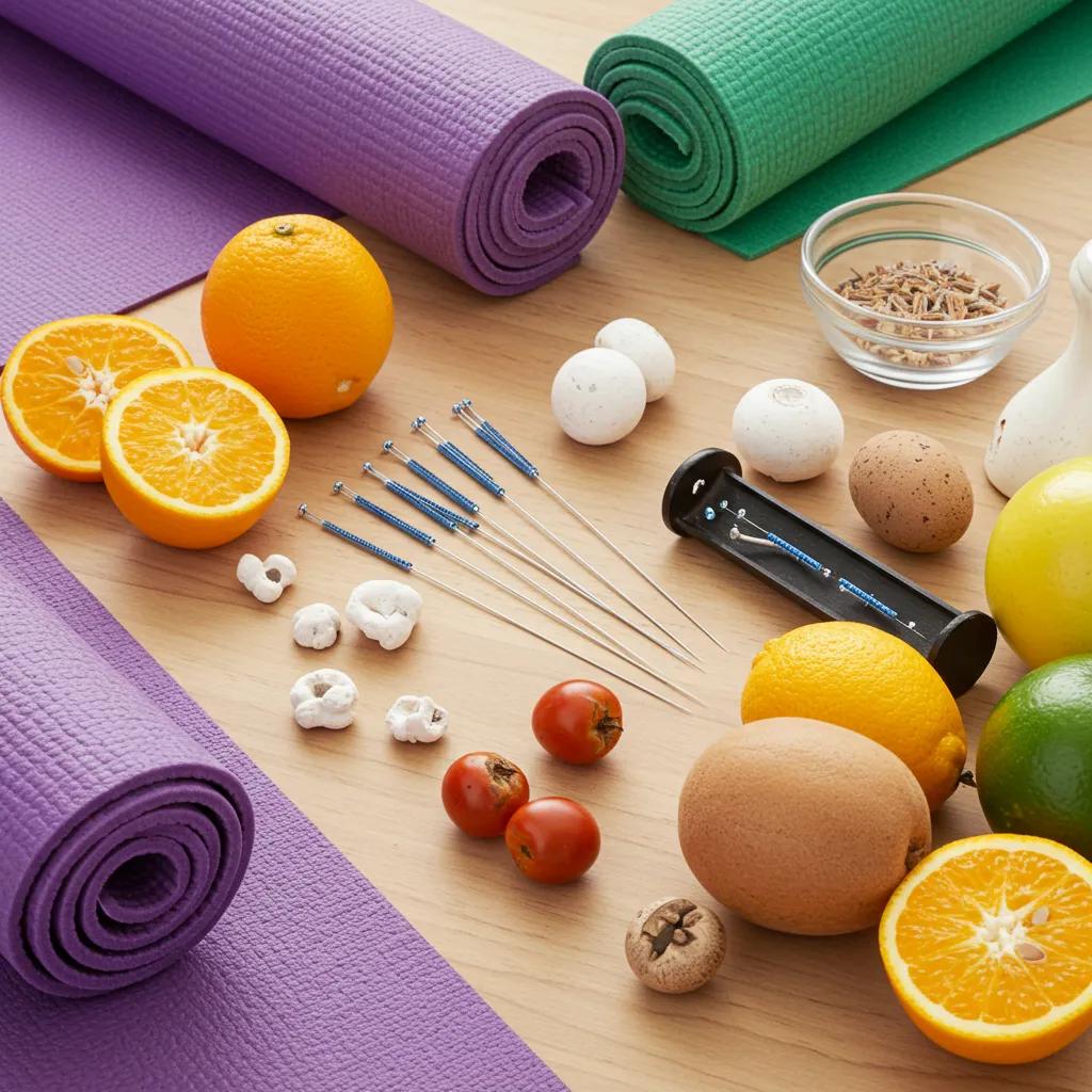 Visual representation of effective integrative health approaches, including yoga, acupuncture, and nutrition in a holistic setting