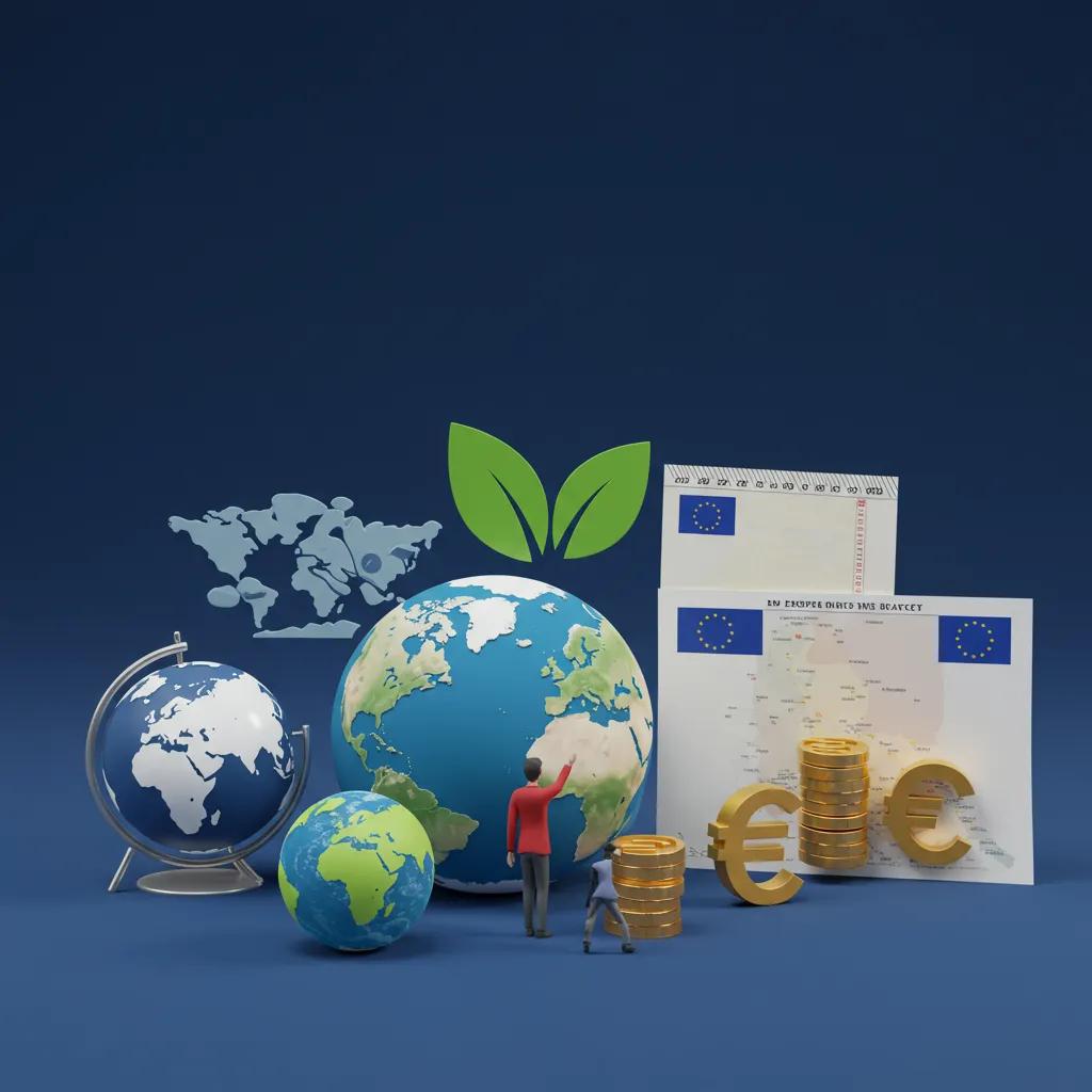 A visual representation of pivotal EU policies, including migration, climate action, and economic measures, depicted with symbolic icons