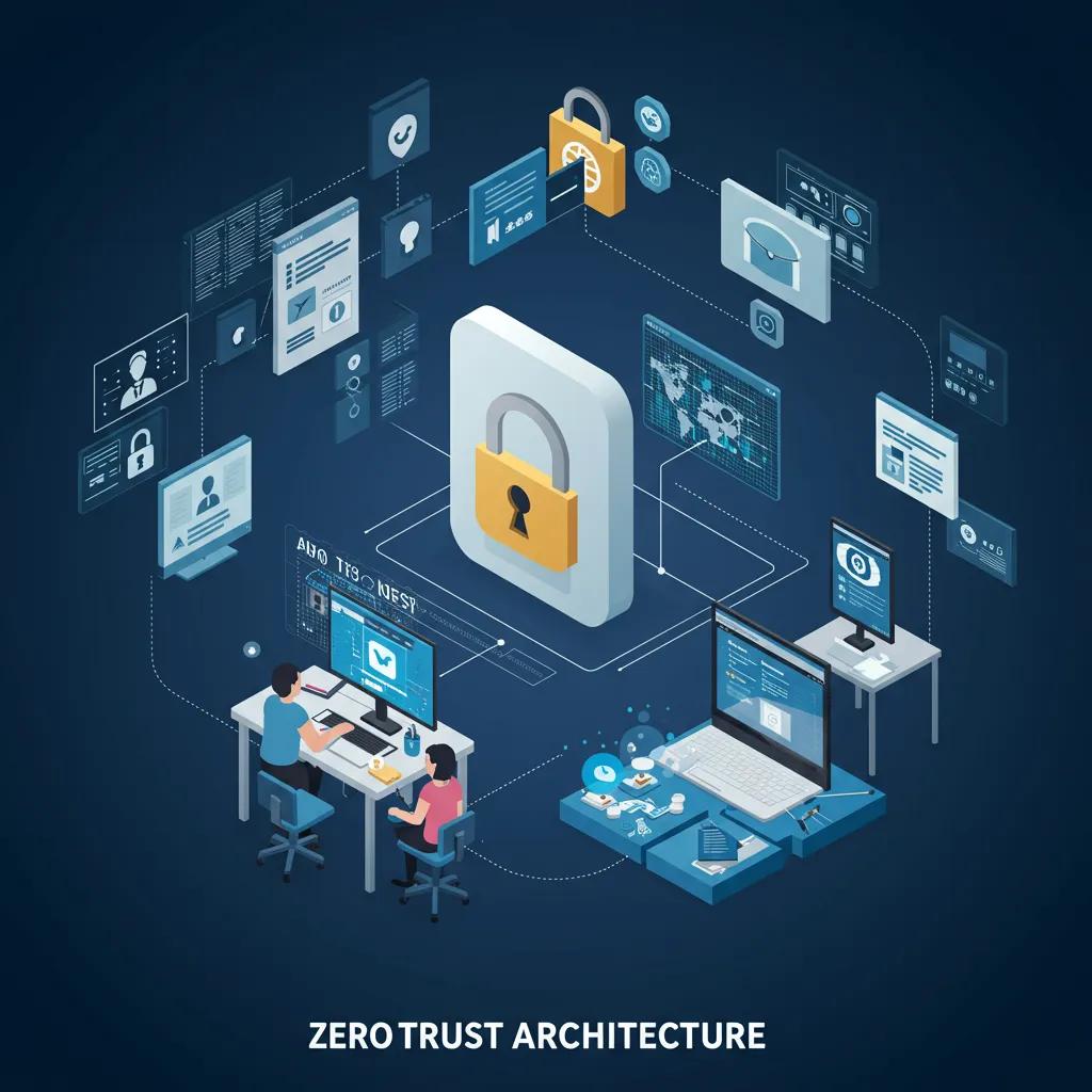 Visual representation of Zero Trust Architecture with digital security elements and network segmentation