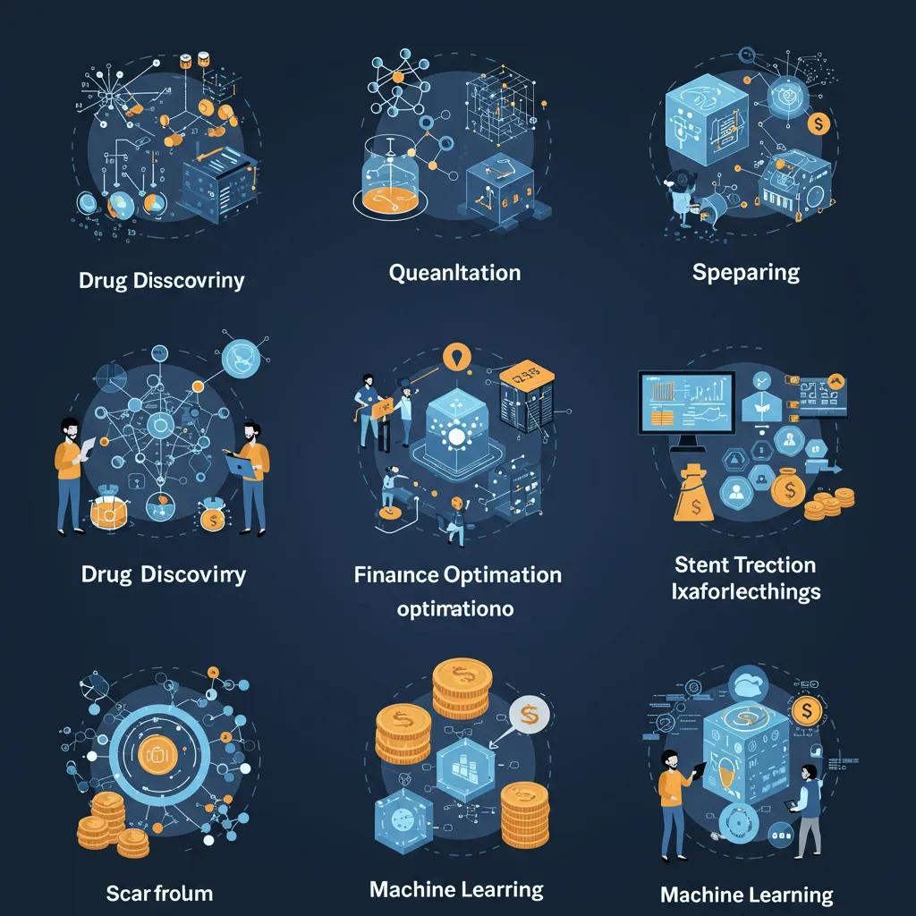 Visual representations of quantum computing applications in drug discovery, finance, and machine learning, showcasing diverse industry impacts