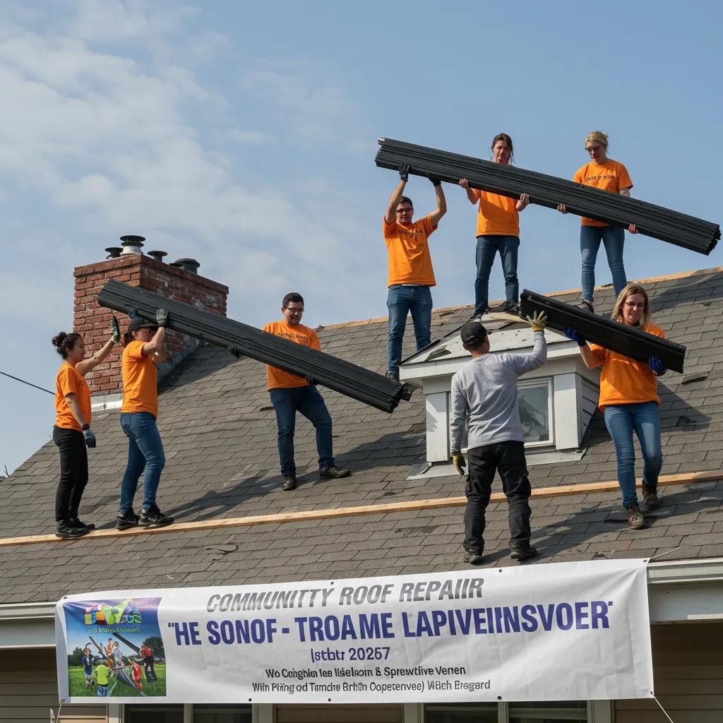 Volunteers and contractors collaborating on a community roof repair initiative, showcasing teamwork and community spirit