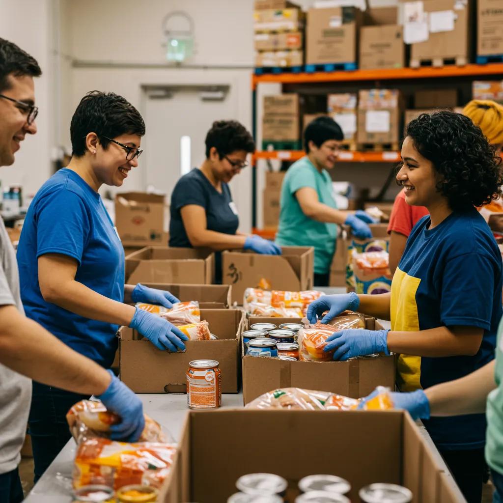 Volunteers at a food bank packing food items, showcasing community support for families facing food insecurity