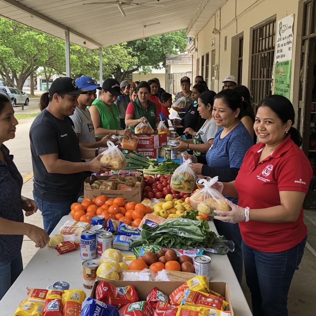 Volunteers distributing food at a community event, highlighting efforts to mitigate food insecurity