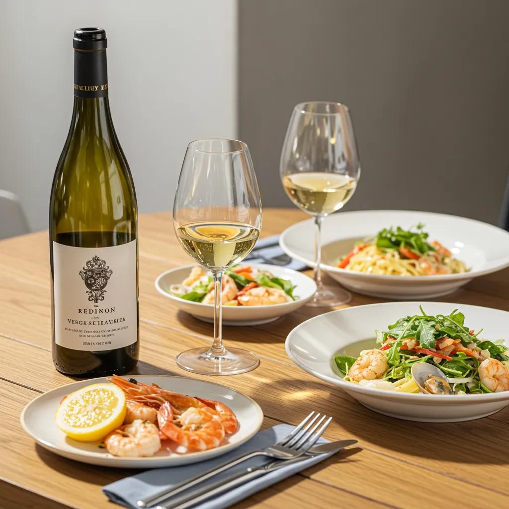 White wine bottle and glass paired with seafood and salads, emphasizing freshness and summer dining