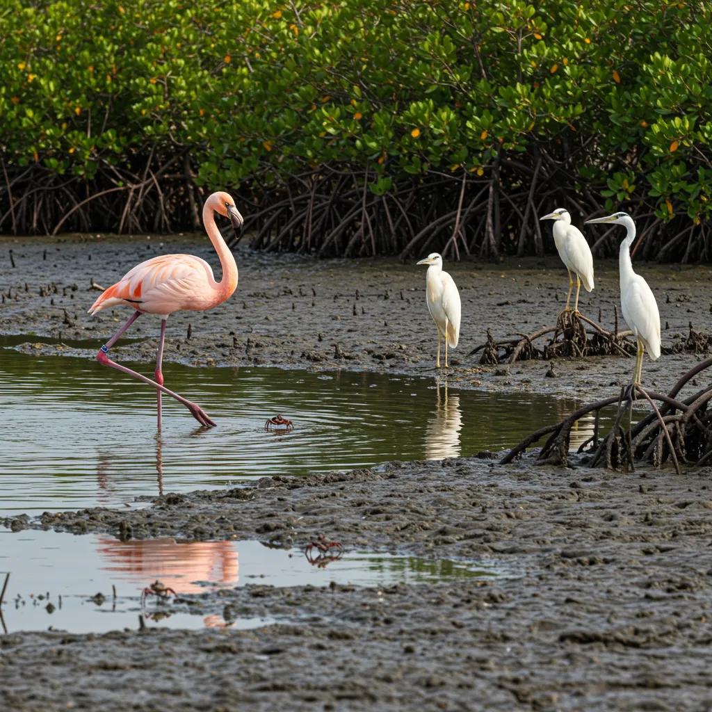 Wildlife in Al Thakira Mangroves featuring flamingos, herons, and fiddler crabs