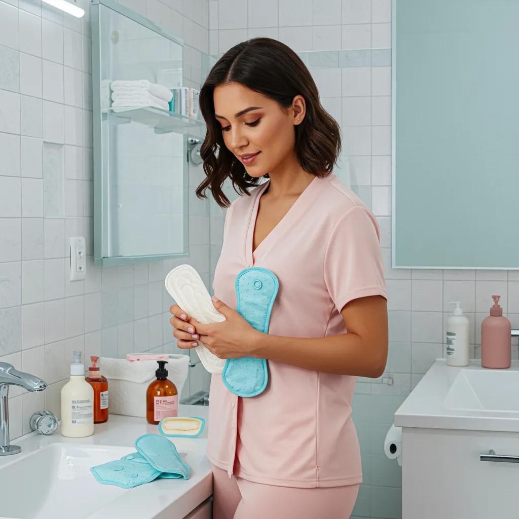Woman managing menstrual hygiene with eco-friendly products in a clean bathroom
