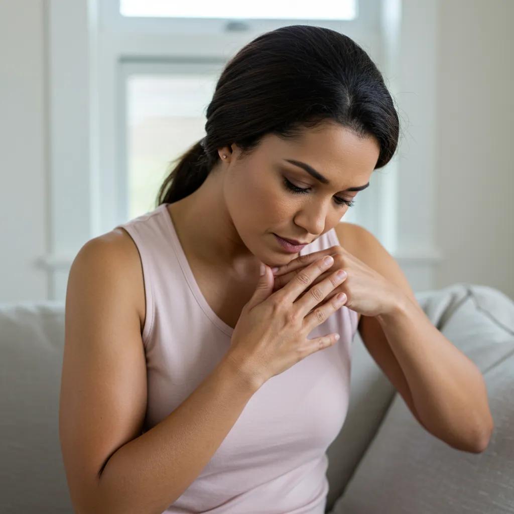 Woman performing a breast self-exam, highlighting the importance of early detection