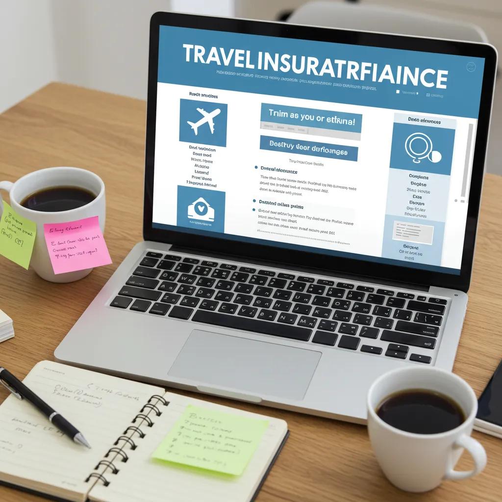 Workspace with laptop open to travel insurance claims portal and notepad