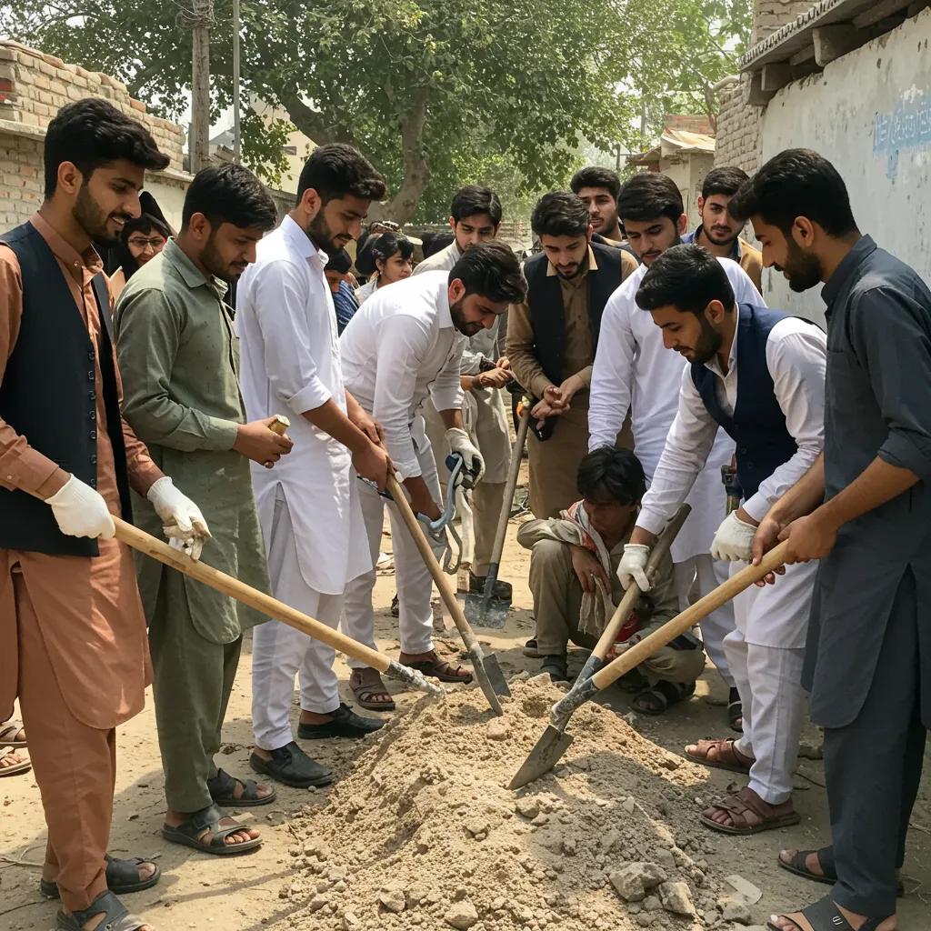 Young activists from various political parties in Pakistan collaborating on a community project, emphasizing youth engagement in politics