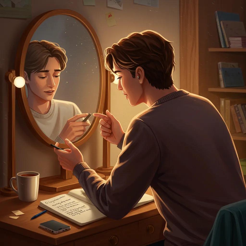 Young adult practicing conversation openers in front of a mirror, representing strategies to overcome social anxiety