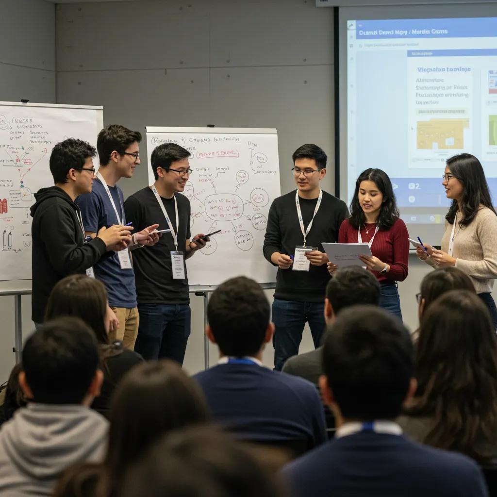 Young entrepreneurs presenting innovative ideas at a startup pitch event, influencing economic growth