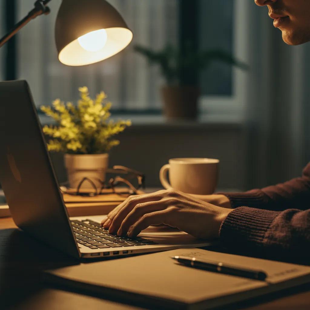 Young investor analyzing stock market data in a cozy home office