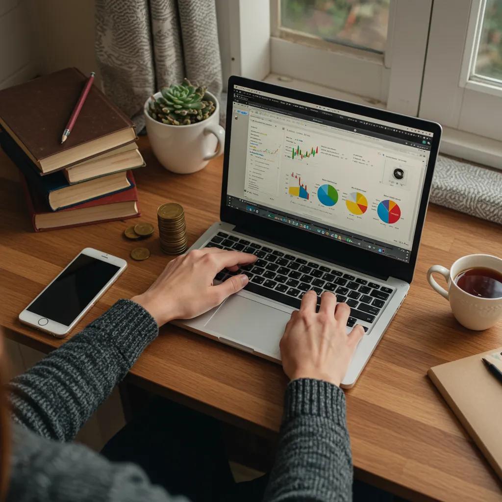 Young investor setting up a brokerage account on a laptop in a cozy workspace