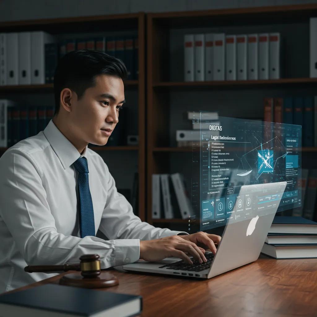 Young lawyer utilizing digital resources in a modern legal office