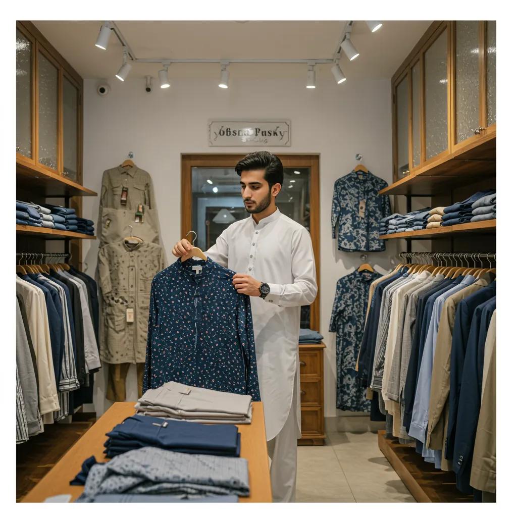 Young man exploring sustainable fashion options in a boutique, focusing on eco-friendly fabrics