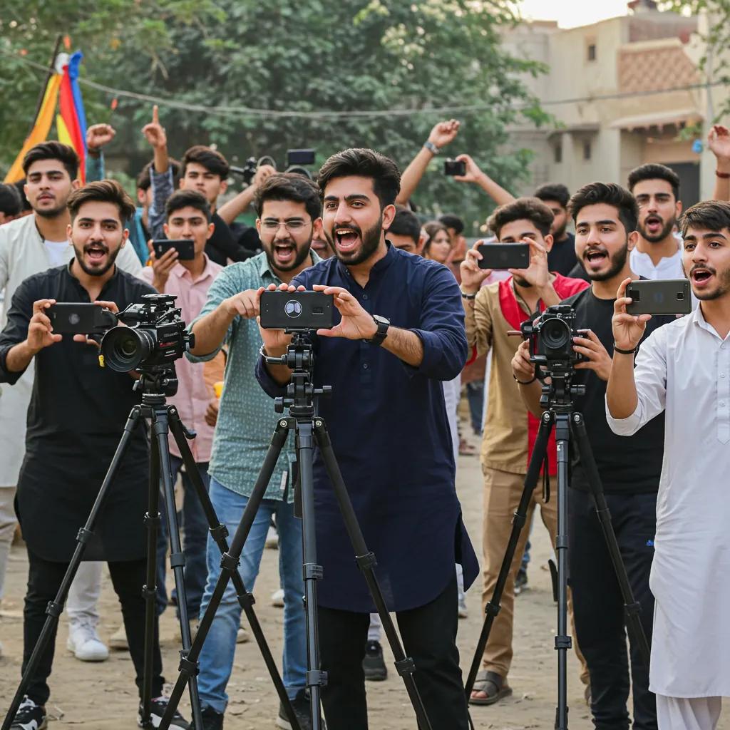 Young Pakistani creators filming short-form videos outdoors with smartphones