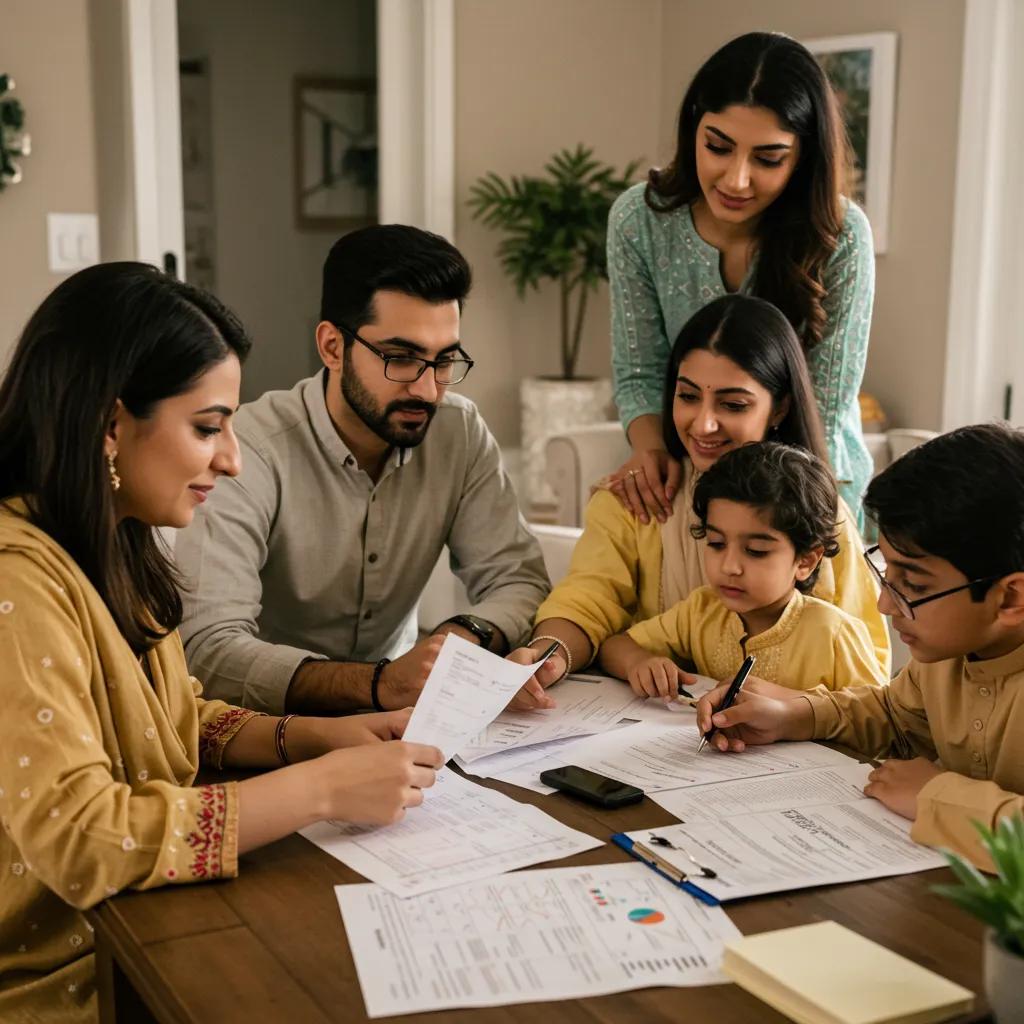 Young Pakistani family discussing their emergency fund and financial planning at home