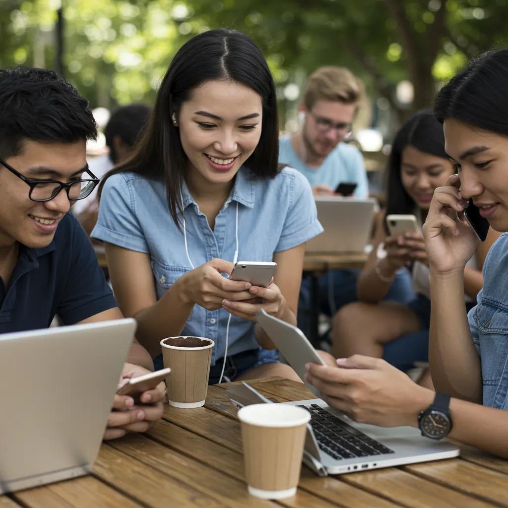 Young people engaging with political news on smartphones in a casual setting