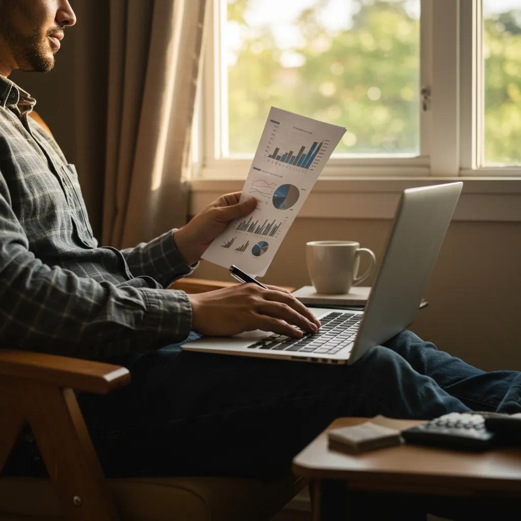 Young professional reviewing financial charts in a cozy home office