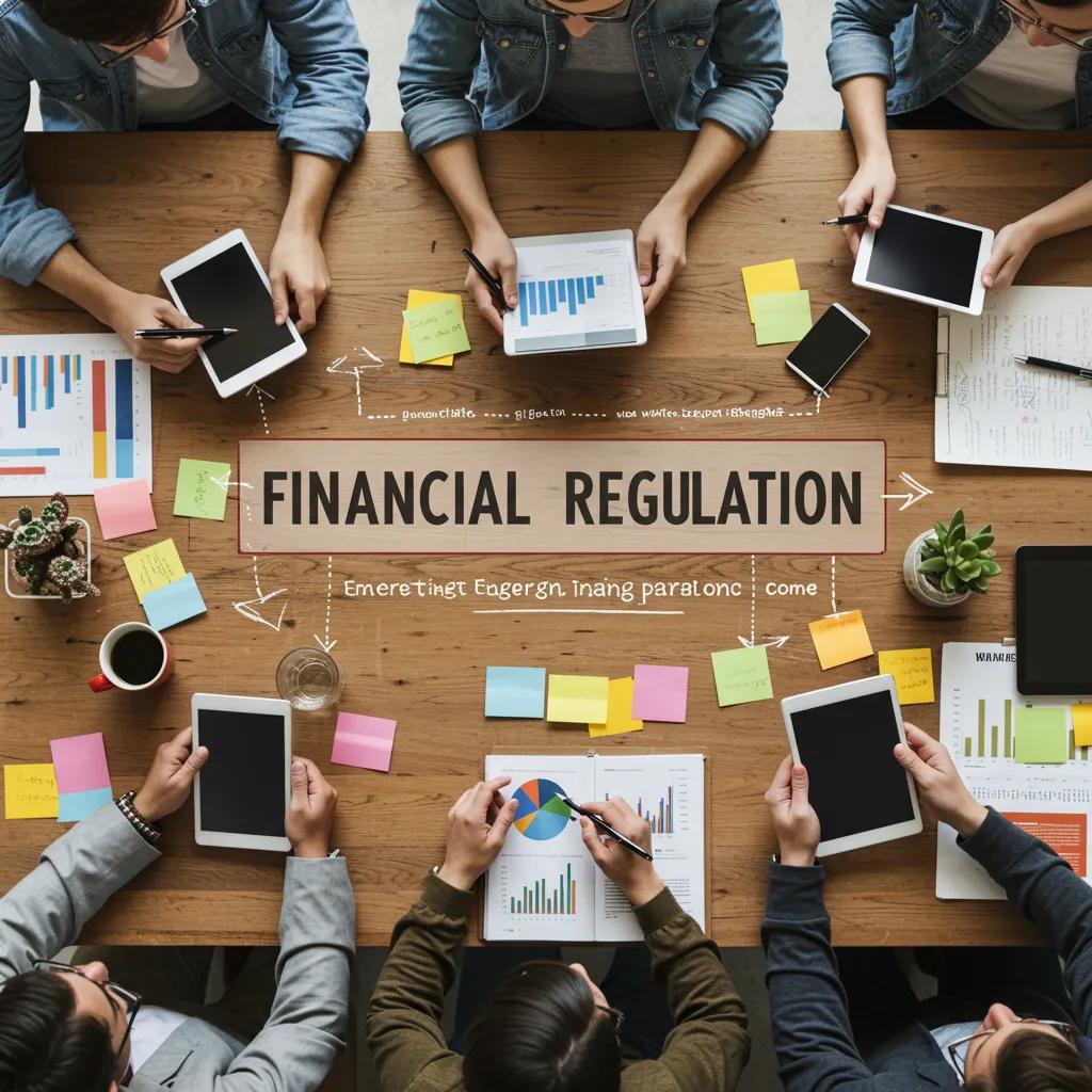 Young professionals brainstorming about emerging financial regulatory trends in a cozy, collaborative workspace