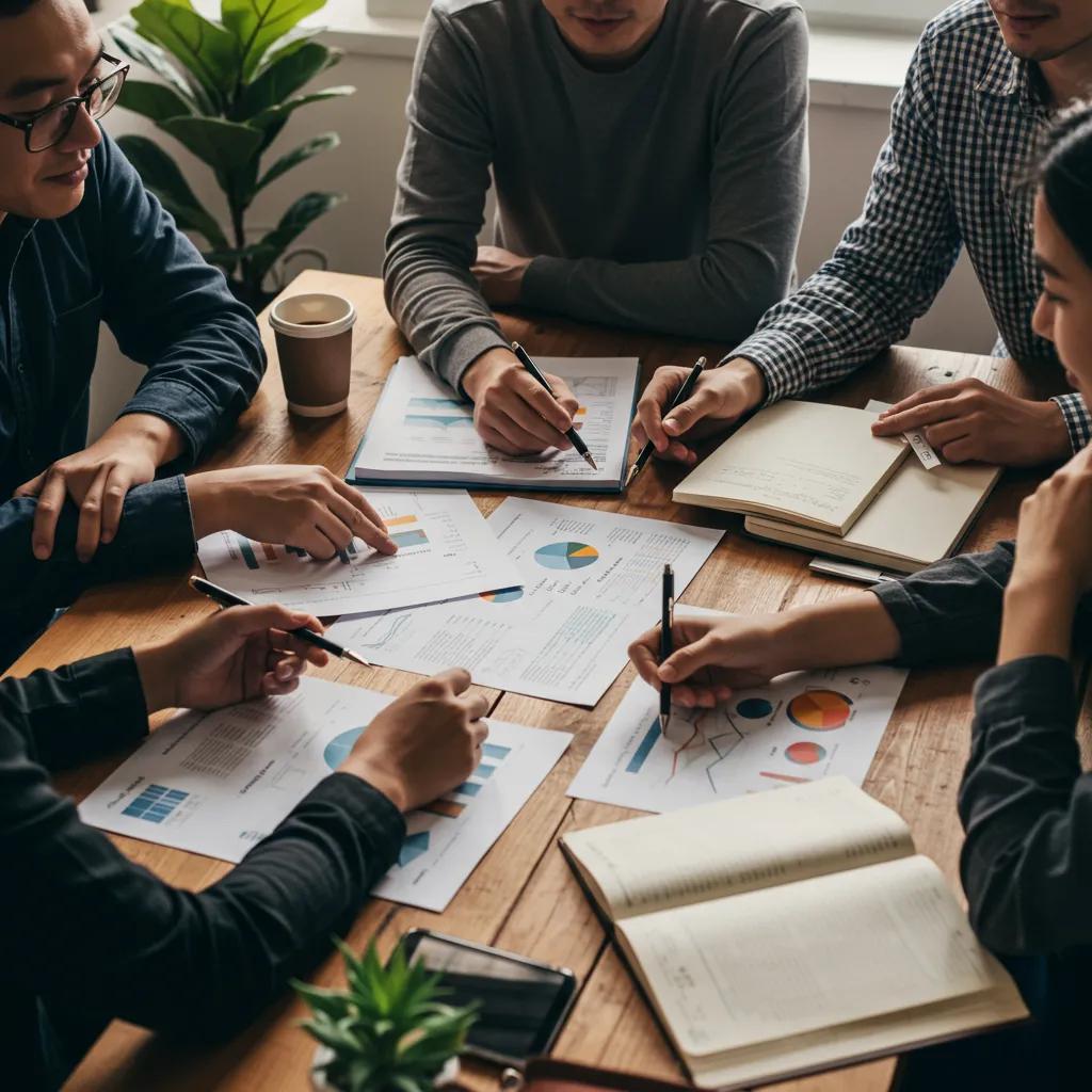 Young professionals collaborating on economic growth strategies in a cozy workspace