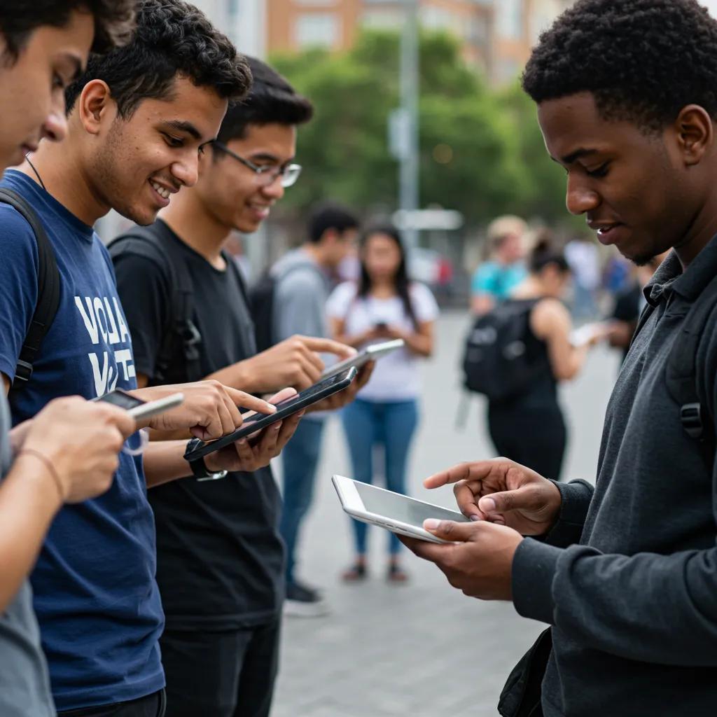 Young voters using technology to engage in the electoral process, highlighting the impact of digital platforms on youth participation in Pakistan's elections