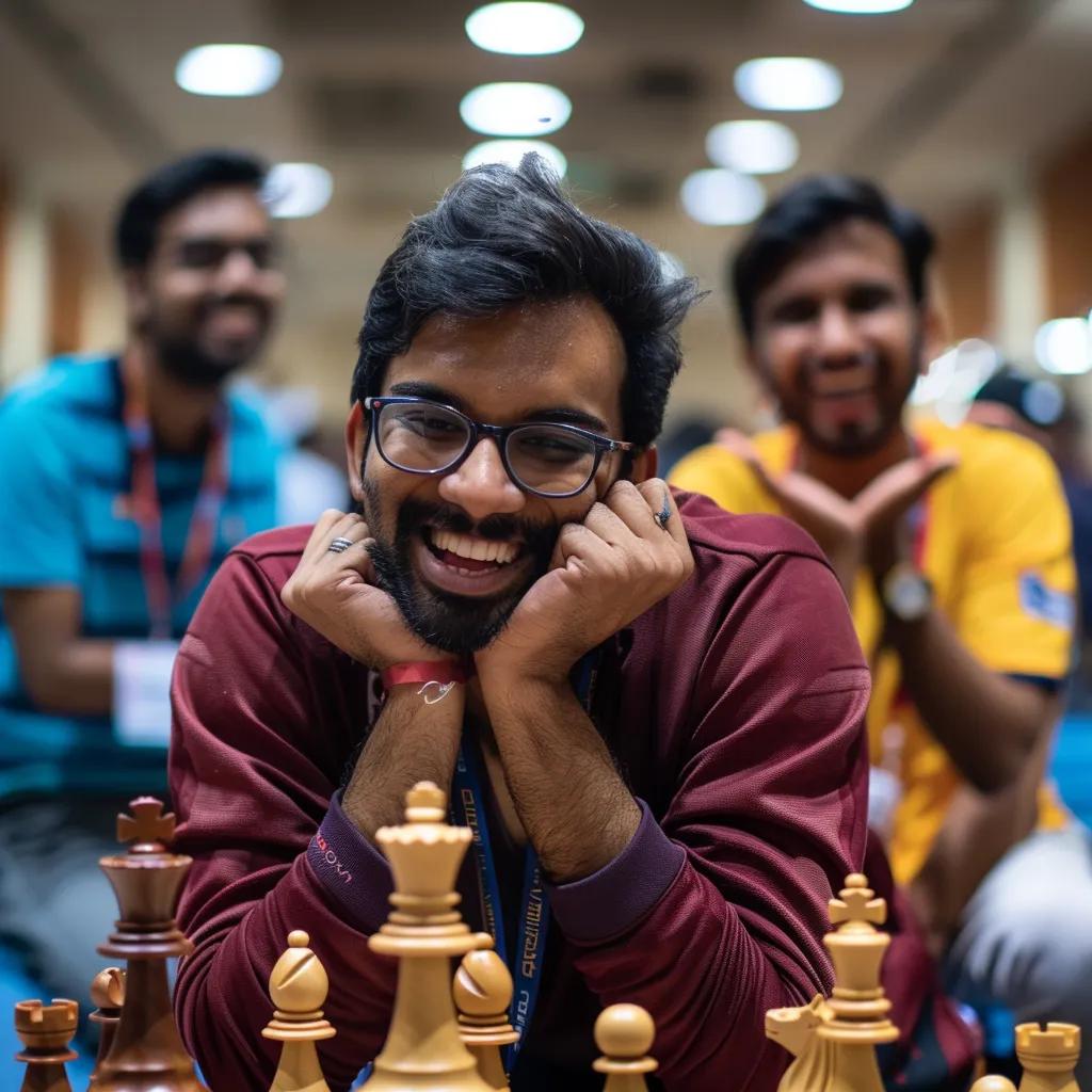 Indian grandmasters D Gukesh, Arjun Erigaisi, and Pentala Harikrishna celebrating their hard-earned advancement in the FIDE World Cup 2025.