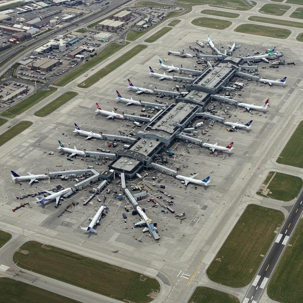 An aerial perspective of Chicago O'Hare airport, showcasing active runways and flight operations
