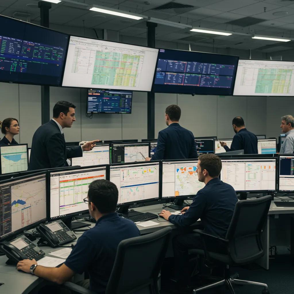 An airline operations center, with staff actively managing flight schedule adjustments amidst disruptions