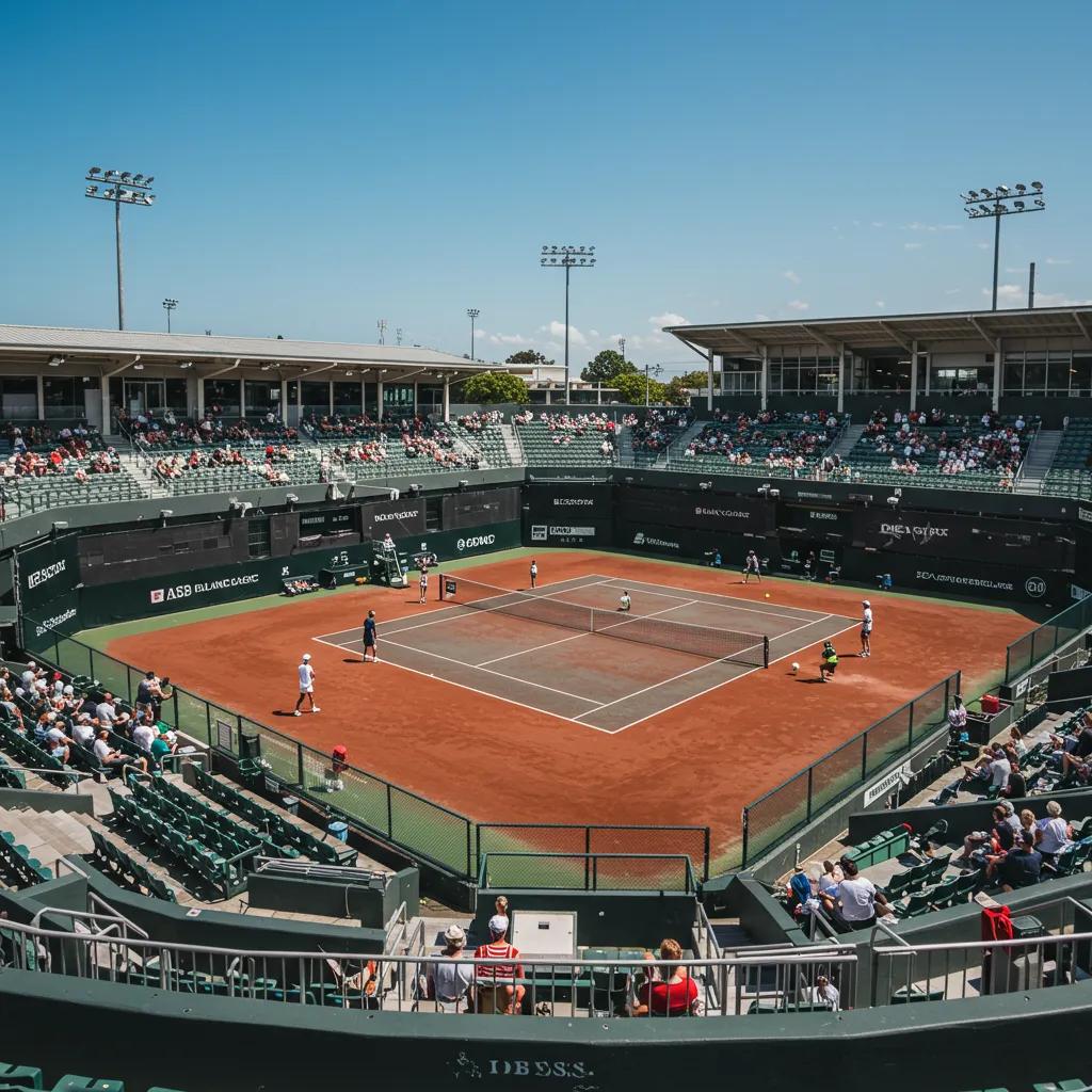 ASB Tennis Centre in Auckland during the Auckland Classic, featuring outdoor courts and spectators