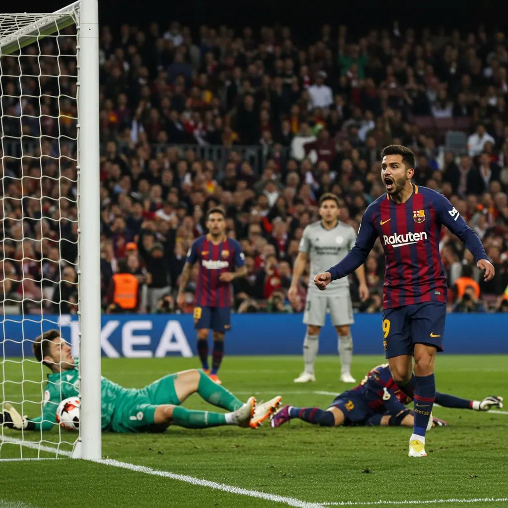 A Barcelona player celebrates a goal during the intense match against Club Brugge, capturing the raw emotion of the moment