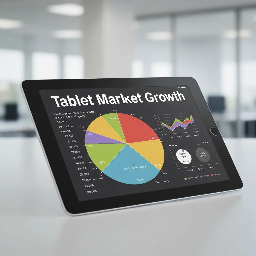 Close-up view of a tablet displaying an infographic on market growth in a professional environment