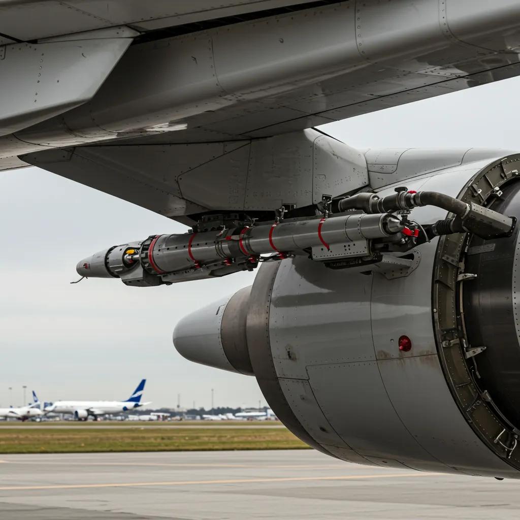 Close-up view of an aircraft engine pylon and wing structure, highlighting critical components for aviation safety.