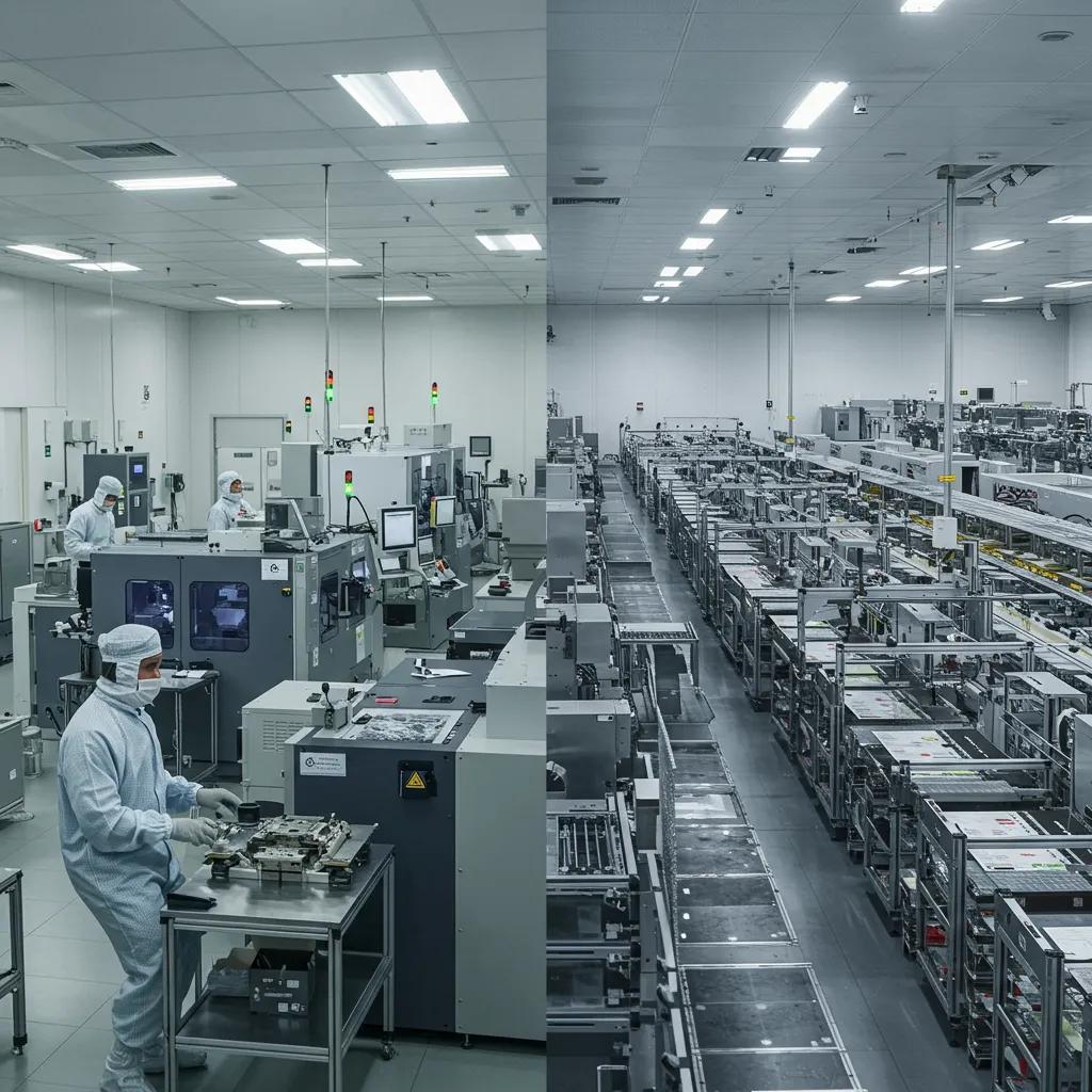 A visual comparison of semiconductor manufacturing facilities in the US and China, highlighting technological disparities