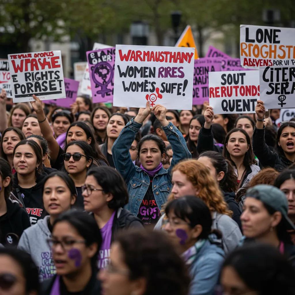 Crowd at a public demonstration advocating for women's rights and safety, reflecting community activism