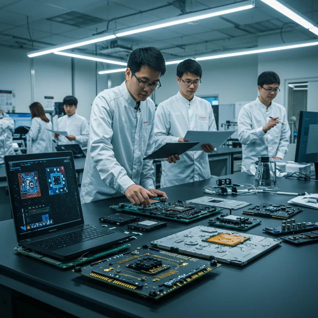 Engineers collaborating intently on AI chip prototypes within a modern, well-equipped laboratory setting