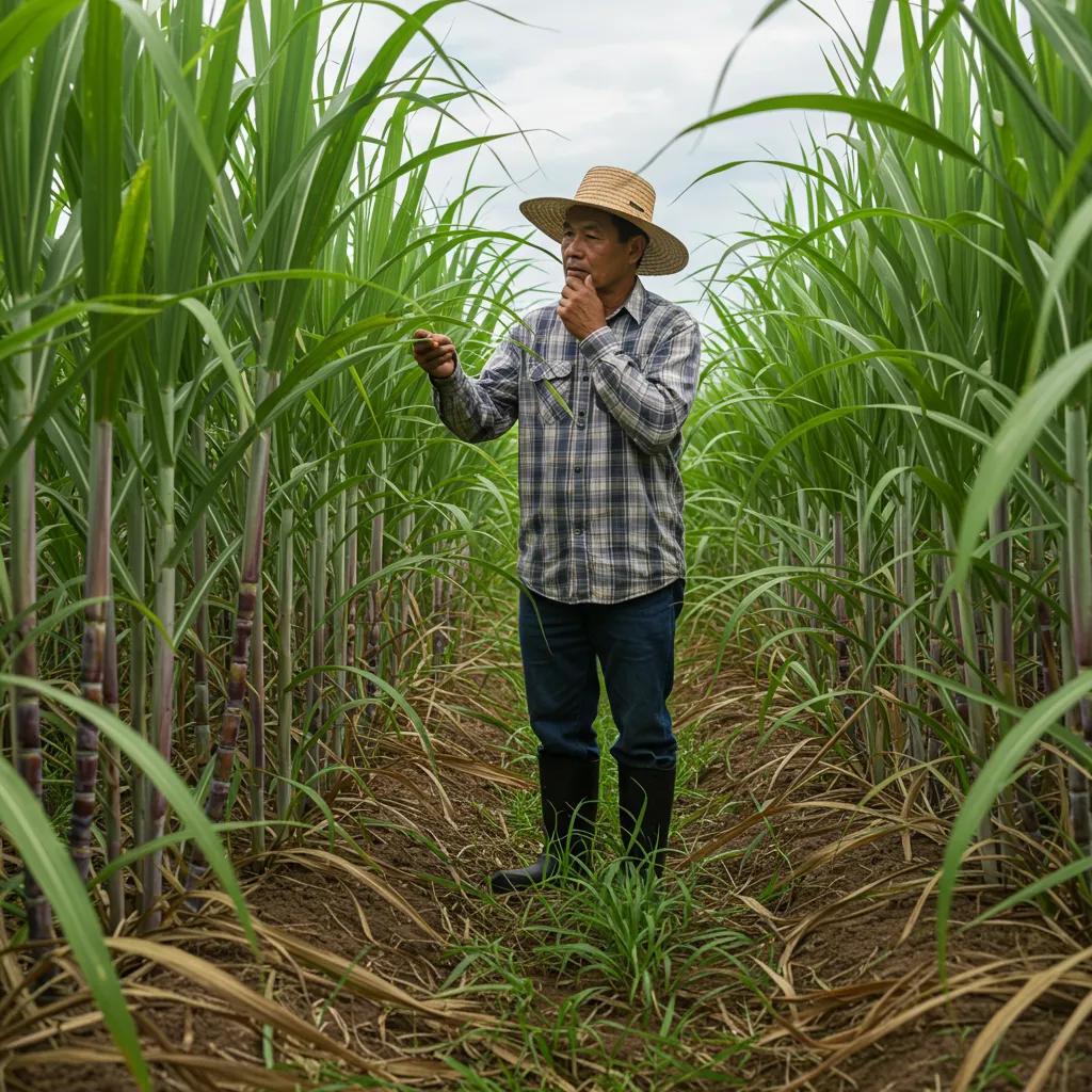 A farmer meticulously inspecting sugarcane plants, illustrating the primary objectives of agricultural deregulation