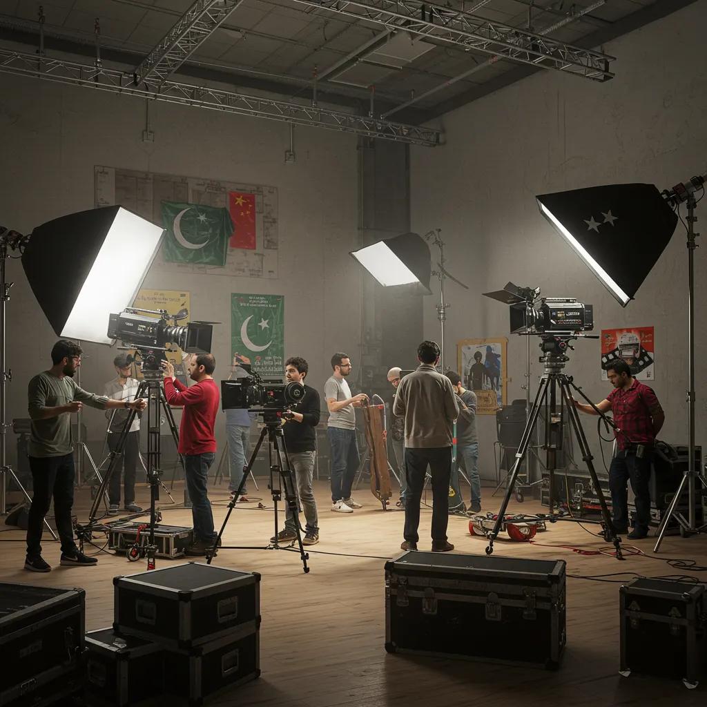 A film crew collaborating in a studio, symbolizing media cooperation between China and Pakistan